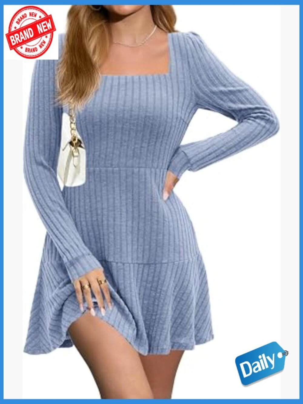 Long Sleeve Square Neck Babydoll Sweater Dress Ribbed Knit A Line with Pockets